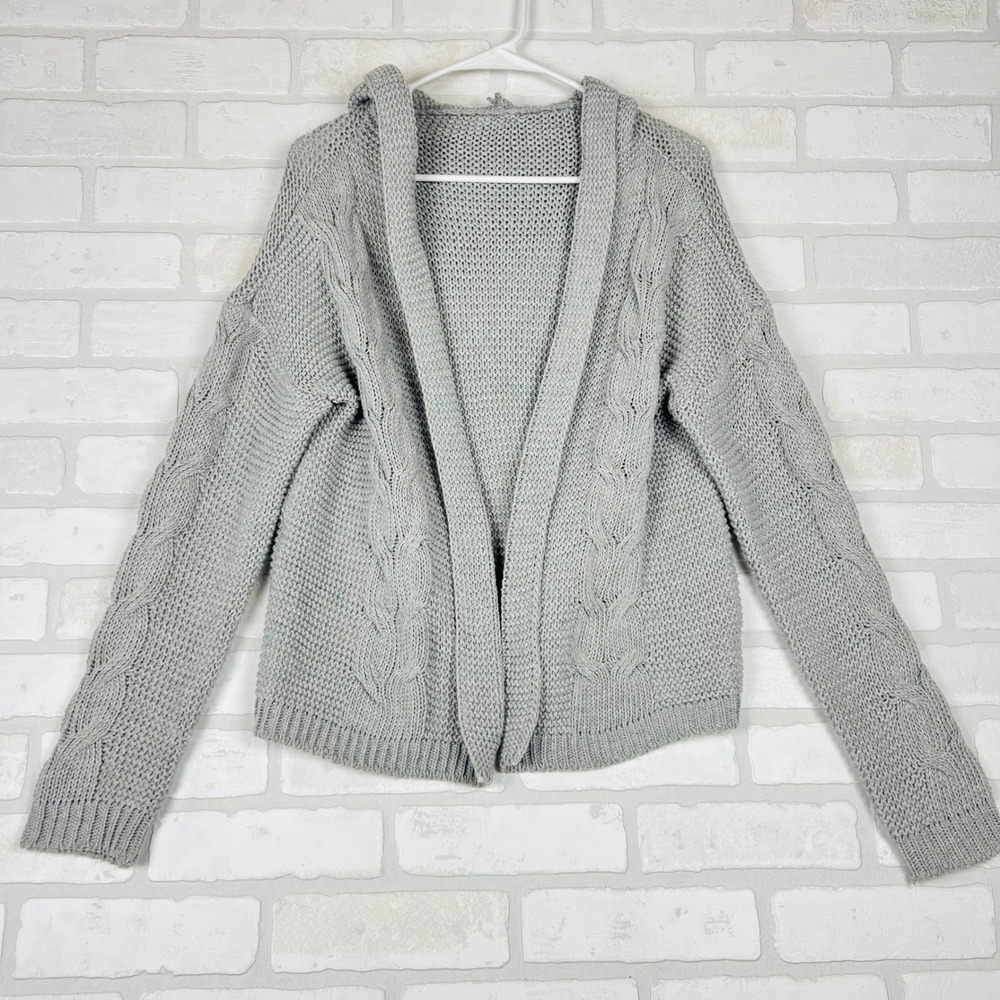 Grey Hooded Cable Knit Open Front Cardigan Sweater Womens Relaxed Fit Medium